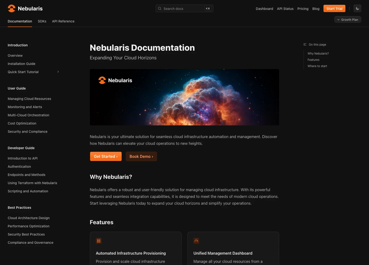 A Doctave-powered developer portal in dark mode