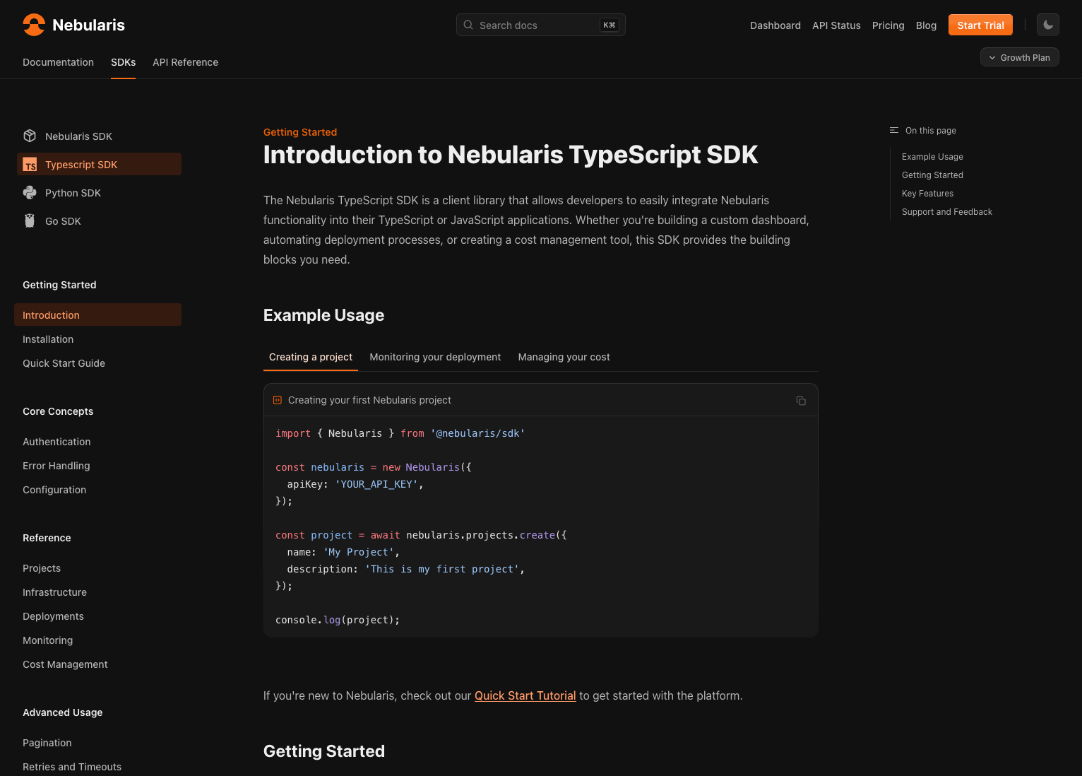 Screenshot of an example developer portal on Doctave with SDK documentation and API references